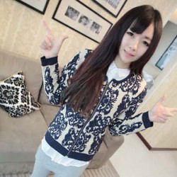 TE9926MLG Korean fashion slim blue and white porcelain pattern sweater