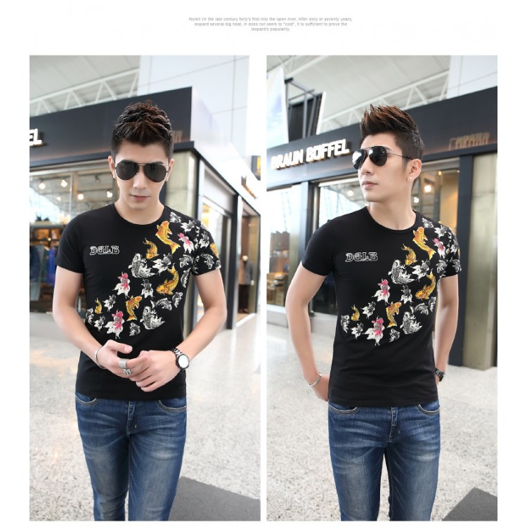 TE9123KDF Chinese style personality cyprinoid pattern mens t-shirt