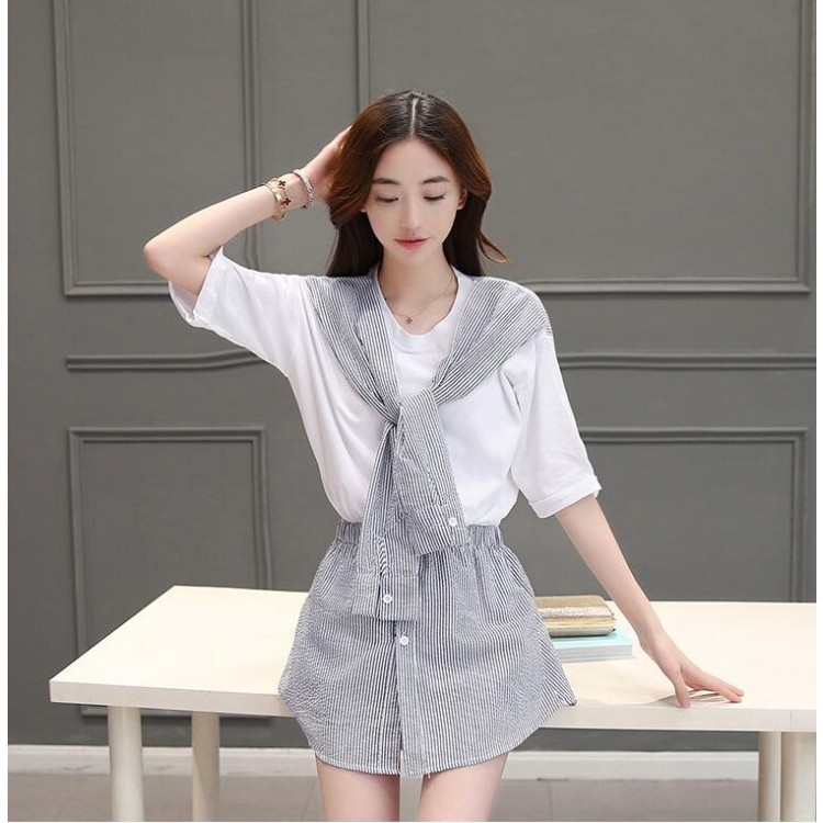 Te8820jdyj Korean Fashion Stripes Splicing Bowknot Tops With Pantskirt