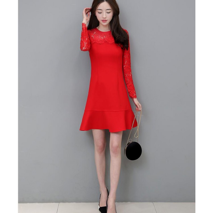 TE8707XBFS New style lace splicing fishtail red formal dress