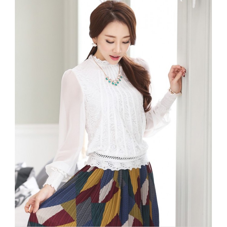 TE6976SOLO Spring style stand collar lace long sleeve shirt