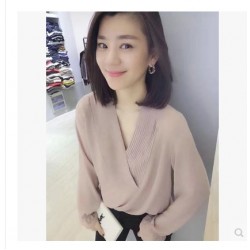 9263 Chiffon long sleeve European personality V collar bottom shirt