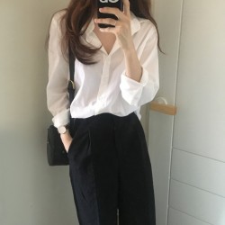 2007 Korean chic loose long sleeve white shirt